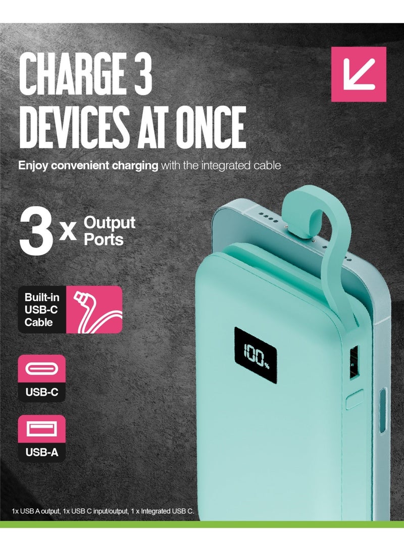 جوس بنك طاقة متكامل Juice Eco، شاحن محمول 10,000 مللي أمبير في الساعة مع كابل مدمج وشاشة رقمية، مخرج USB-C، بنك طاقة لأجهزة iPhone 15 16 Pro Max، Samsung، Xiaomi، Android، iPad، DJI، GoPro - أزرق مخضر - Image 5